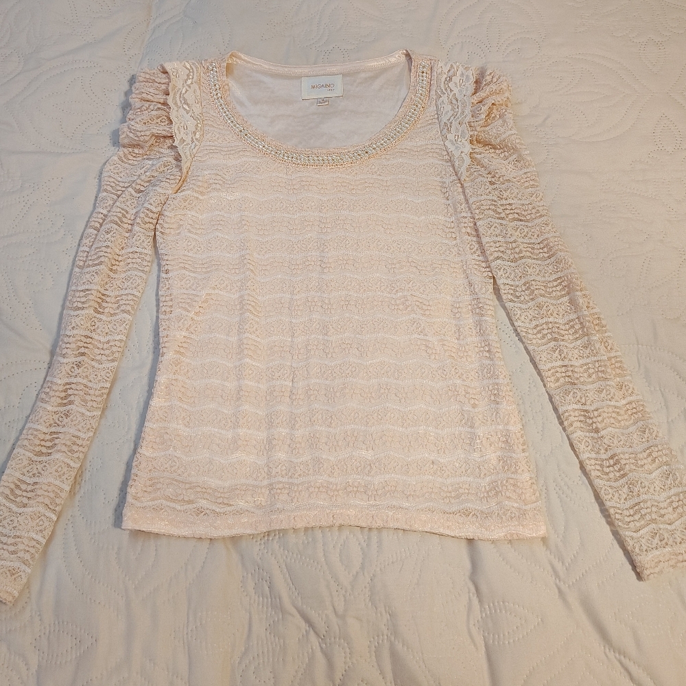 Cream Fitted Ribbed Long Sleeve Blouse
